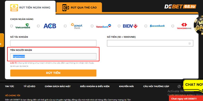 Hướng dẫn cách rút tiền tại DEBET